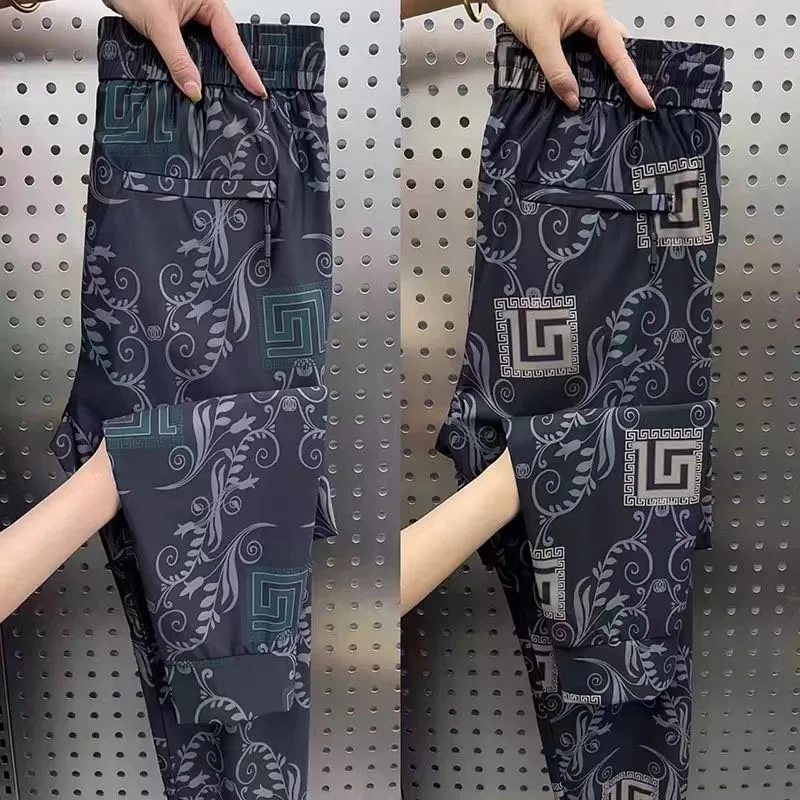 

2023 New Summer Fashion Casual Versatile Trend Loose Ice Silk Elastic Waist Zipper Tie Feet Youth Middle Age Style Guard Pants