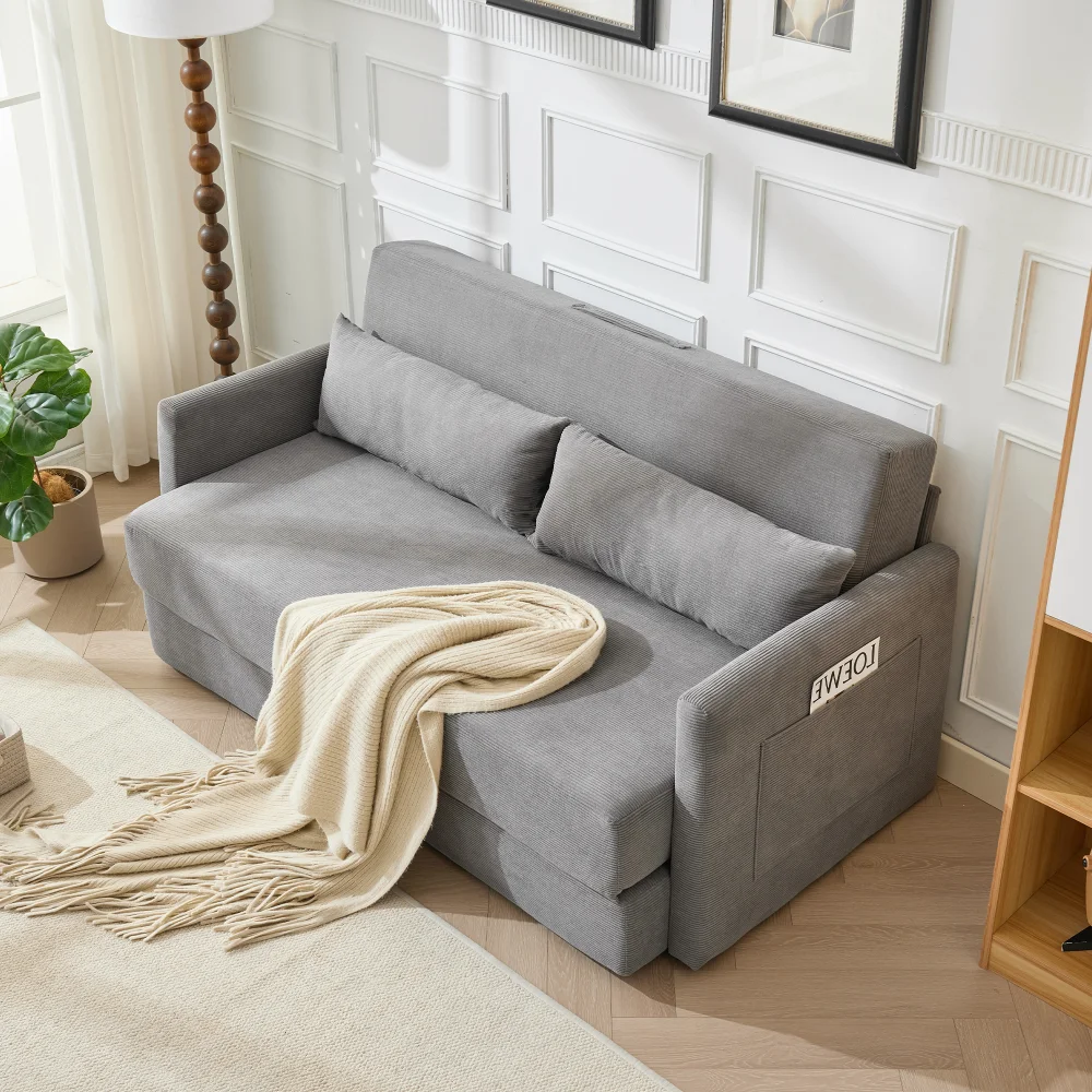 2-in-1 Konvertierbares Klappsofa-Bett aus Cord, 2-Sitzer Lounge-Couch mit Lendenkissen & Zeitschriften-Aufbewahrungstaschen, Beige – Detail 35