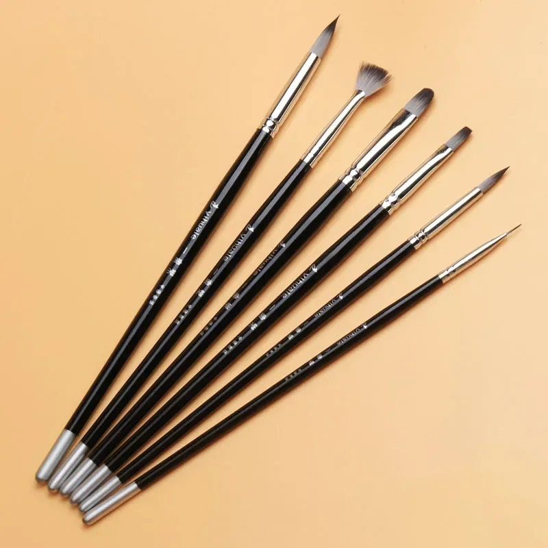 6pcs 다기능 페인트 브러시 블랙 나일론 헤어 세트 자작나무 짧은 막대 오일 아크릴 수채화 구아슈 학생 초급 미술 도구