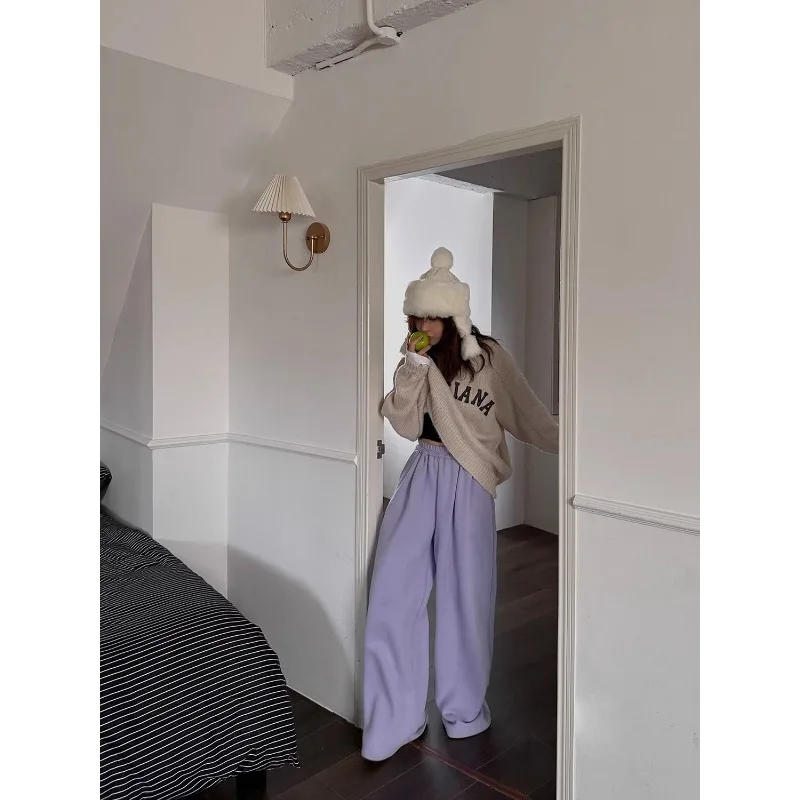 Deeptown Fleece Pants Women High Waist Casual Straight Winter Wide Pants Korean Streetwear Warm Oversize Purple Trousers Vintage