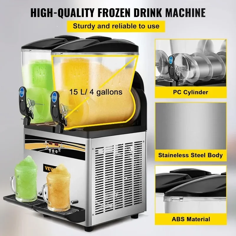 VEVOR Commercial Slushy Machine, 15Lx2 Tank Margarita Maker, 1000W Stainless Steel Smoothie Frozen Drink Maker 3