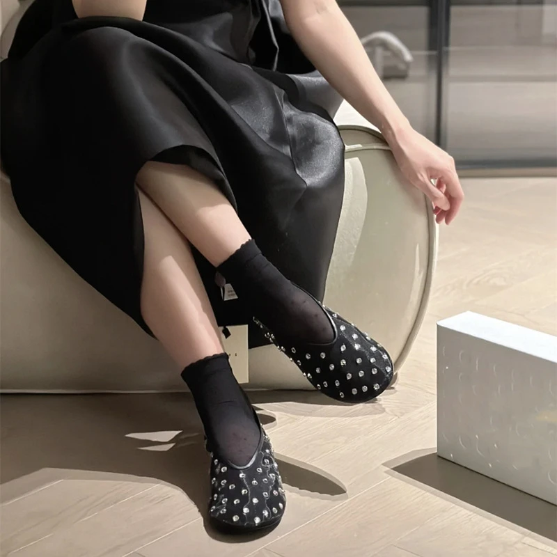 Mesh Breathable Rhinestone Women Shoes Sheepskin Insole Round Toe Ladies Ballet Dancing Shoes Soft Zapatos Mujer 2024 Tendencia