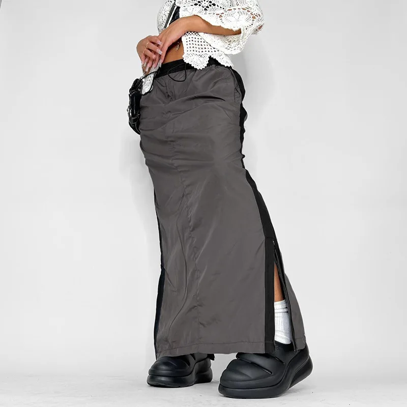 

DEEPTOWN Grey Long Cargo Skirt Women Y2k Vintage Low Waist Drawstring Patchwork Zipper Split Maxi Skirt Autumn Streetwear