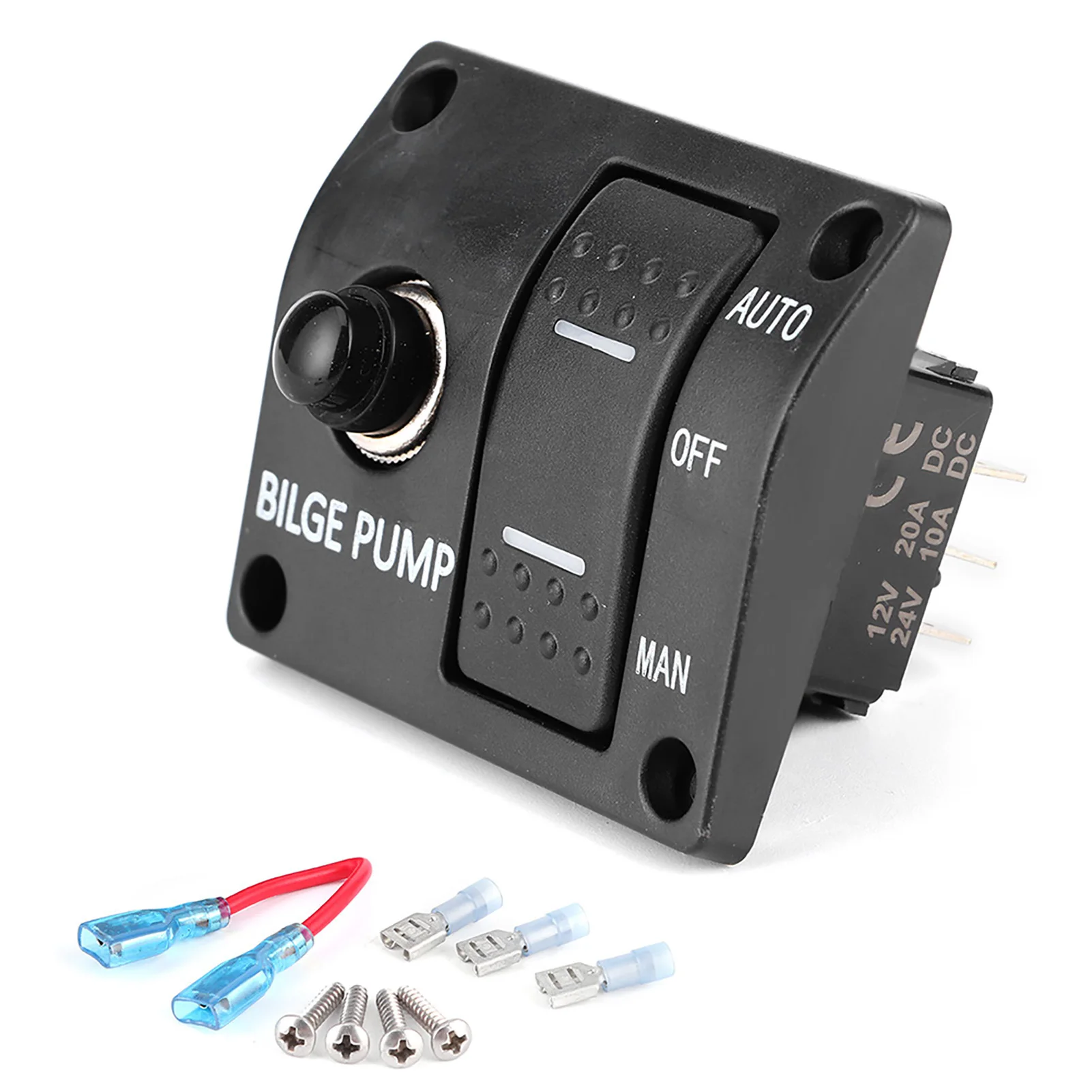 3 Way Bilge Pump Rocker Switch Panel Auto Off Manual 12V 24V Black ABS Plate LED Indicator Built In 15A Circuit Breaker bilge pump