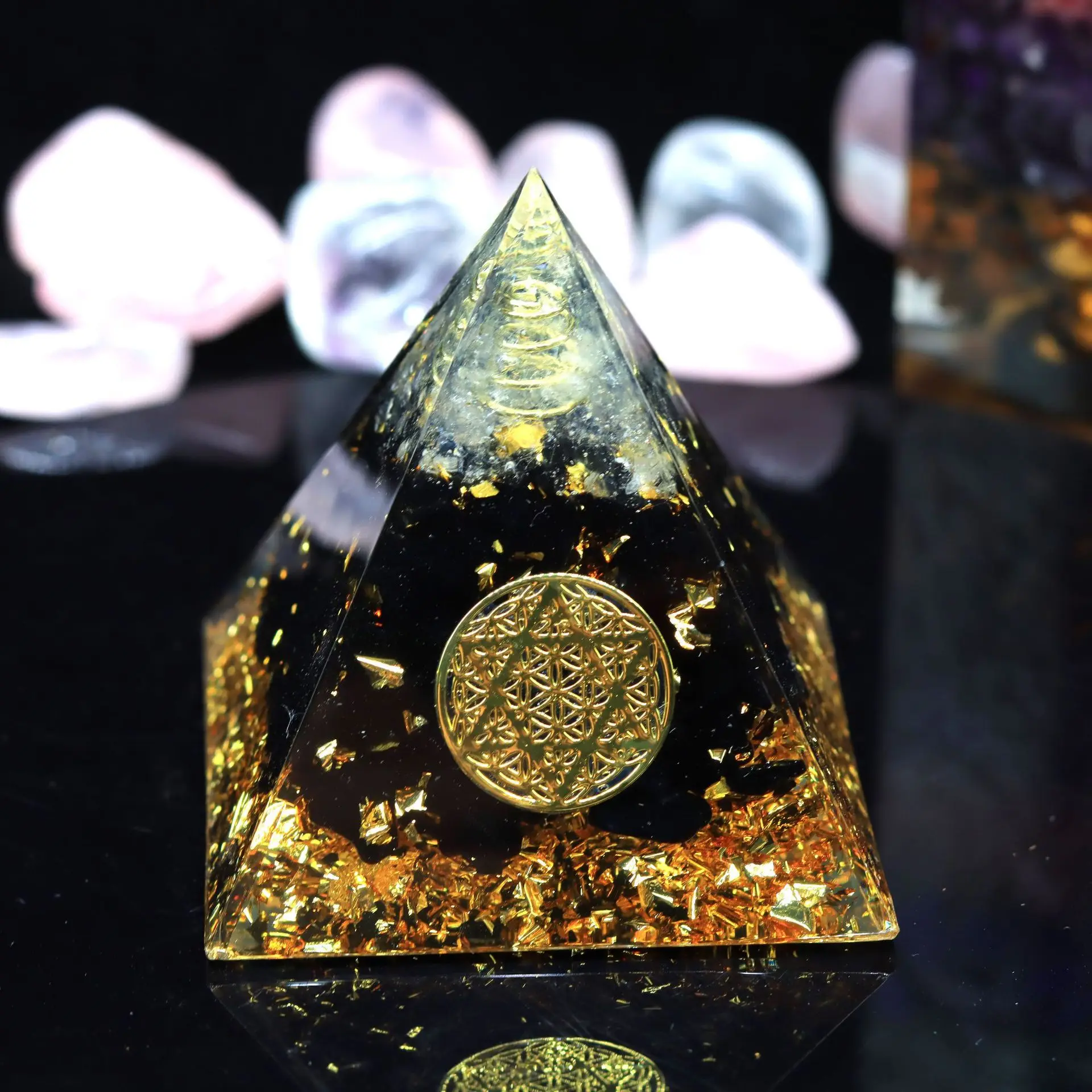 Exquisite Orgonite Pyramid Crystal Ball Crushed Stone Pyramid Home Crafts Resin Tabletop Ornaments Reiki Healing Car Decor