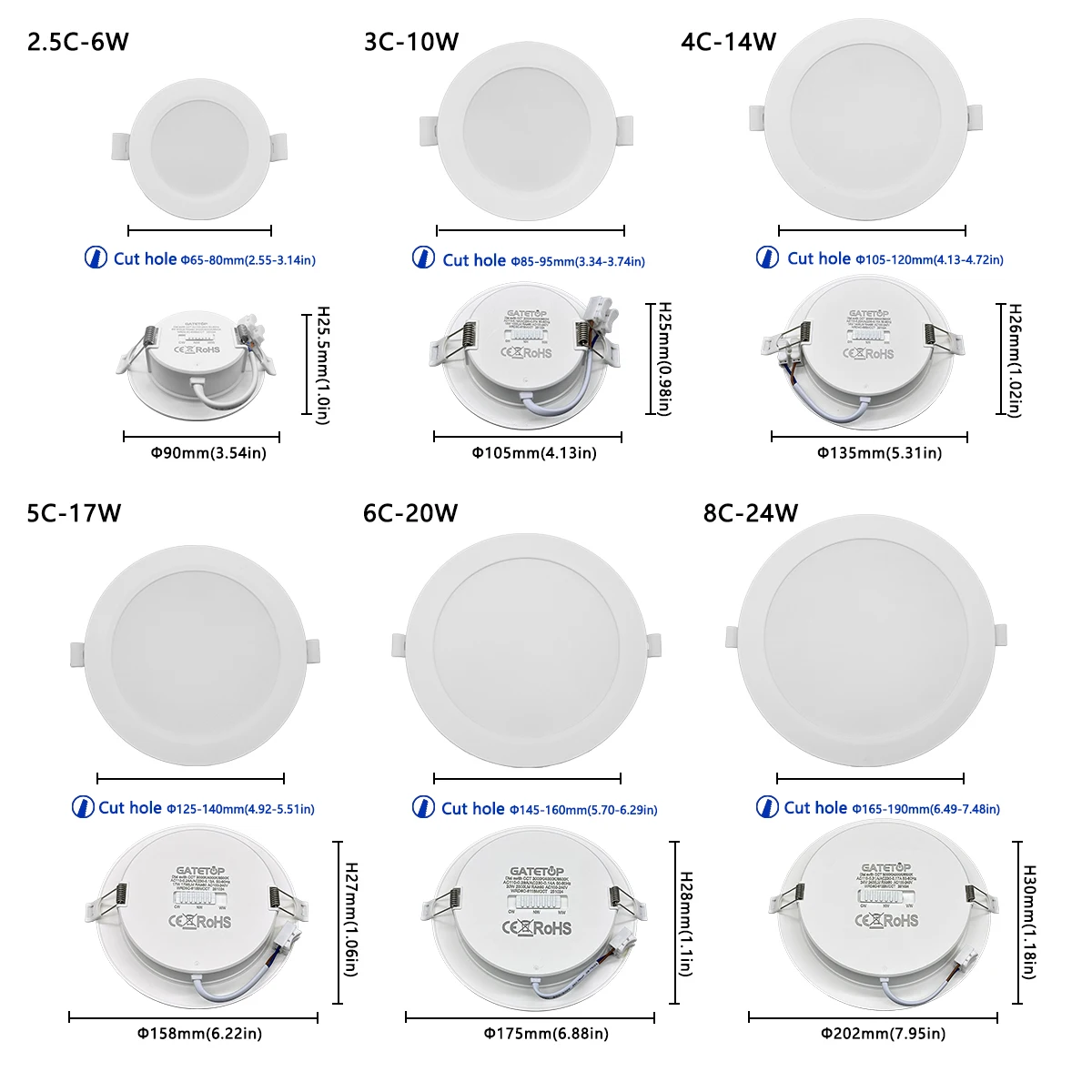 Recessed Round LED Downlight 2-10pcs 100-240V Dial Swich CCT 3000K/4000K/6500K Panel Light Ceiling Light 20W 24W Indoor Lighting