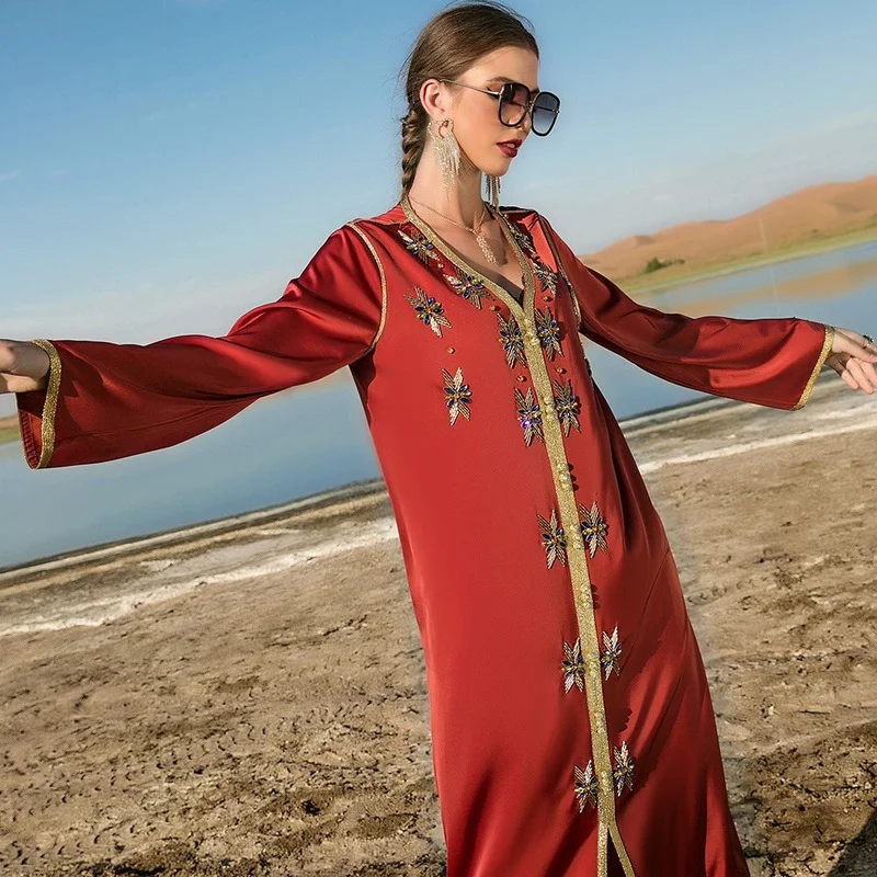 Islam Abayat Red Fashion Elegant Abayas for Women Dubai Turkey Eid Chic Dresses Party Kaftan Islamic Clothing Belt Wholesale