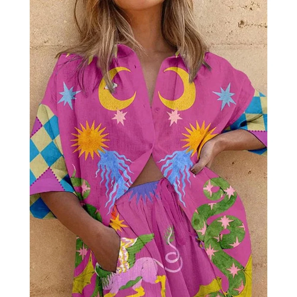Summer Cartoon Print Two-Pieces Shorts Set for Women Short Sleeve Buttoned Shirts & Shorts Set Casual Ensembles 2 Piece Set y2k