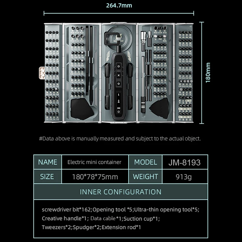 JAKEMY JM-8193 180-IN-1 Precision Cordless Electric Screwdriver Set Magnetic Bits Mobile Phone Glasses Electronic Repair Tools 2
