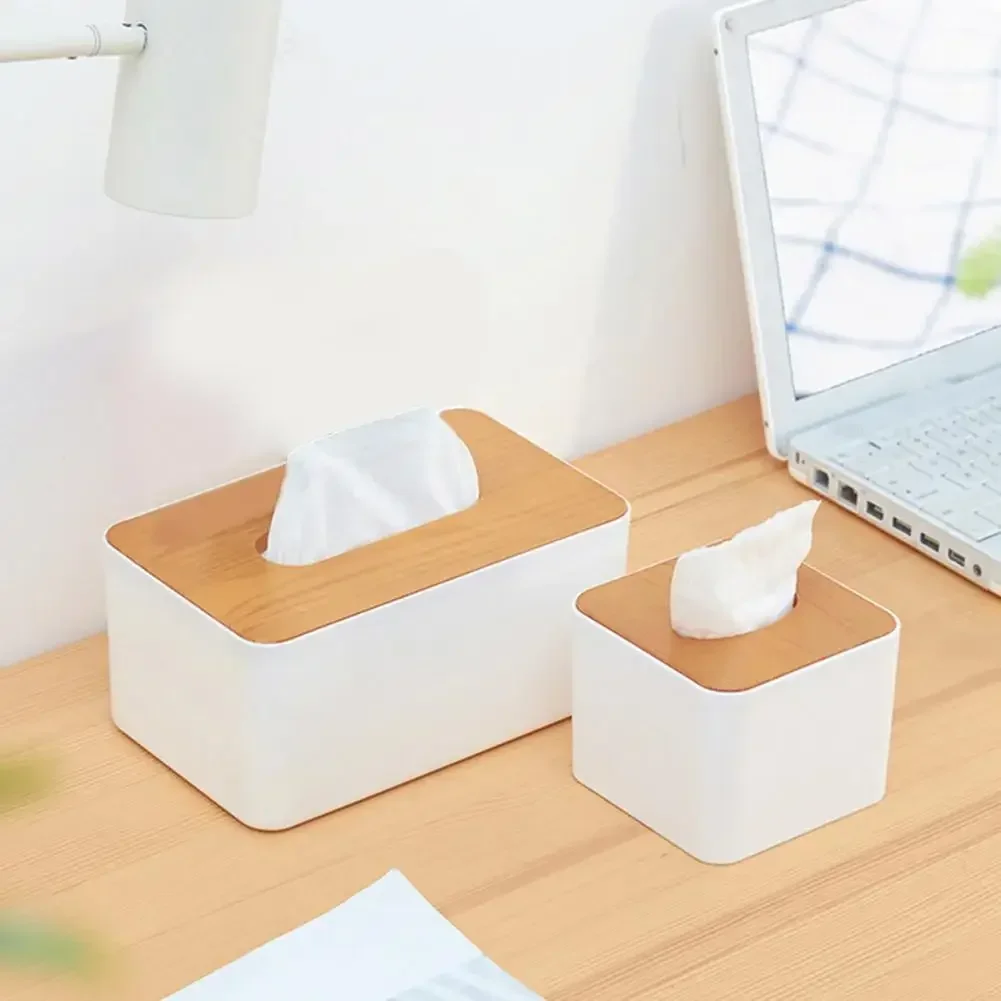 Description Picture 3 of itemPlastic Tissue Box Wooden Lid Square Napkin Holder Container Wet Tissue Paper Dispenser Case Modern Home Car Organizer