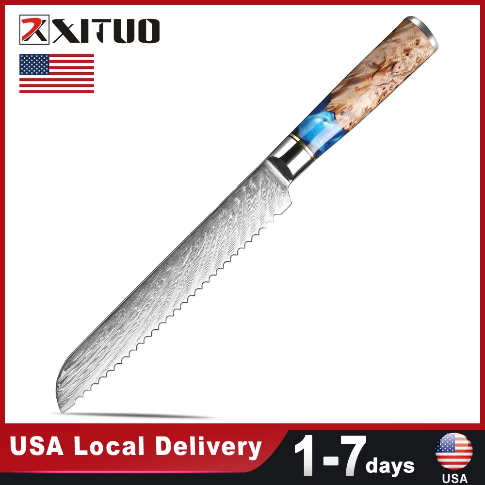 

USA Warehouse Fast Shipping 7.5"inch Damascus Steel Bread Knife Blue Resin Handle Kitchen Stainless Steel Sharp Tool Cake Knife