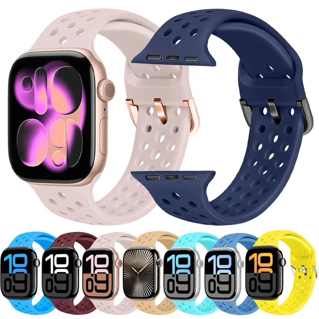 Bracelet de sport en Silicone pour Apple Watch 11 10 42mm 46mm Ultra 3/2/1 49mm, ceinture respirante iWatch 9 8 7 6 5 4 SE 45mm 44mm 41mm 40mm 1