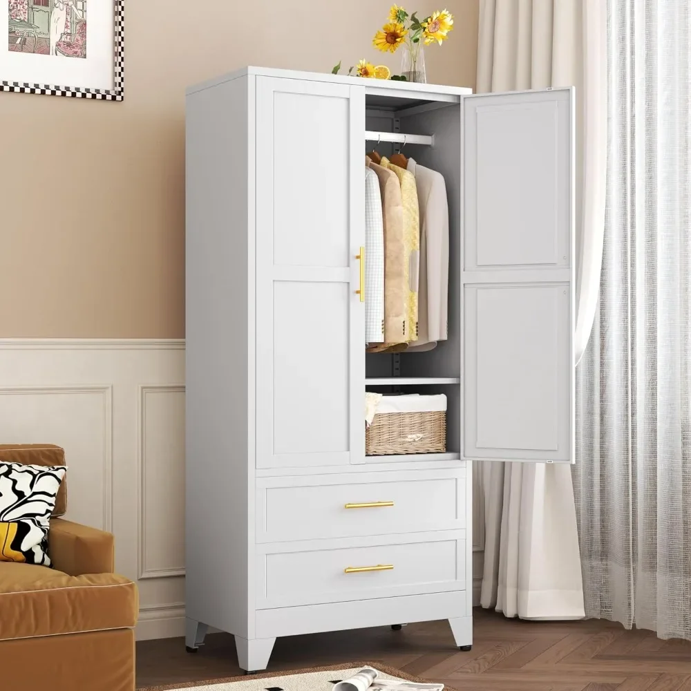 Metal Armoire Wardrobe Closet with 2 Drawers and Hanging Rod, 71'' Tall Wardrobe Cabinet with Doors and Adjustable Shelves 3