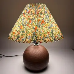 Pleated Walnut LED Nightstand Lamp with USB - Ambient Bedroom Accent Light - USB Plug (Floral Lampshade)