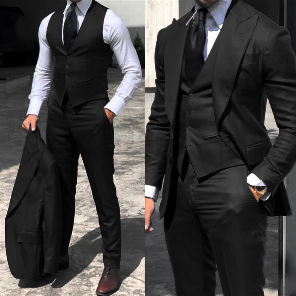 

New Fashion Black 3 Piece Men Suits Peak Lapel Custom Made Wedding Tuxedos Slim Fit Formal Male Set Jacket + Pants + Vest 2024