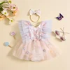 Infant Baby Girl Summer Clothing 3D Butterfly Flower Embroidery Fly Sleeve Mesh Romper Dress Jumpsuit with Headband Outfits