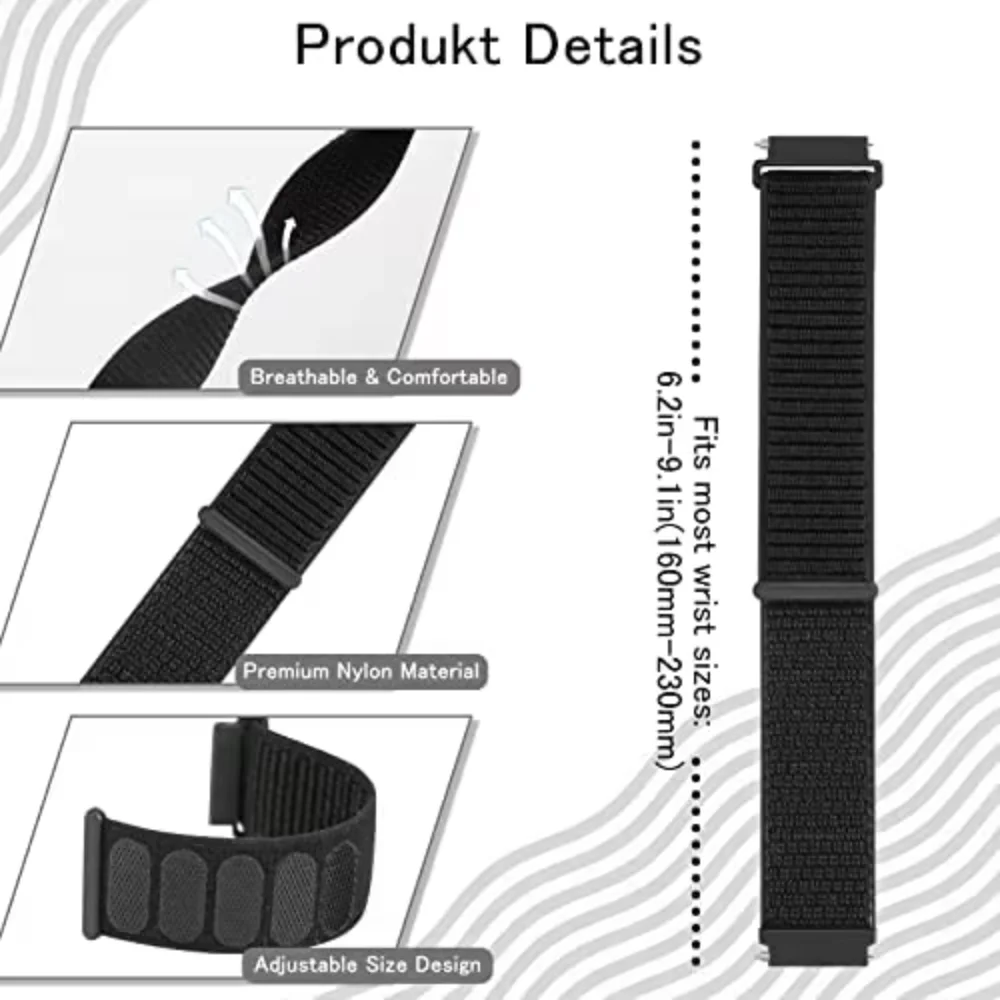 Premium Nylon Loop Strap – Sports Bracelet Wristband, 20mm/22mm, Compatible with Smartwatches