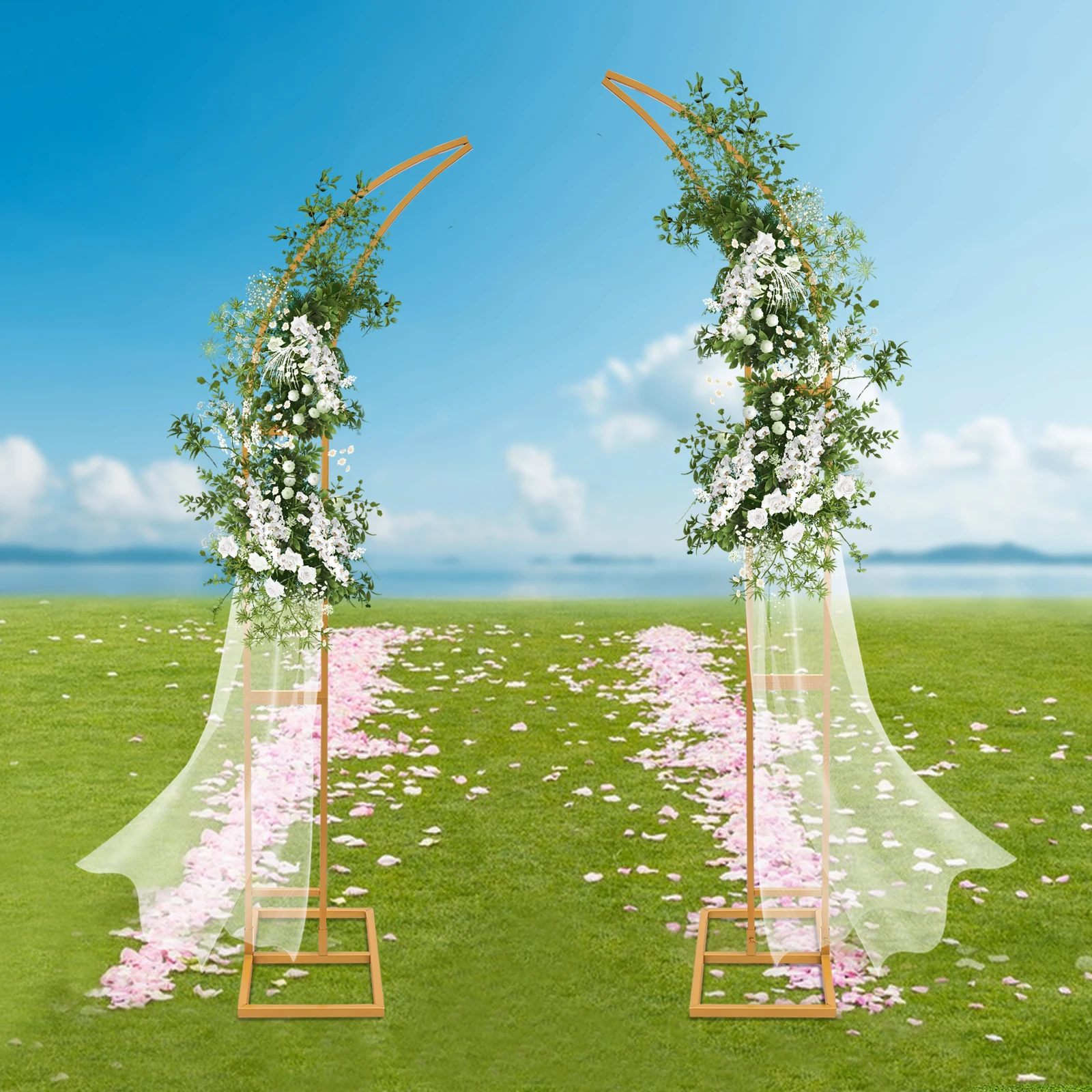 2PCS Wedding Arched Bracket Arch Backdrop Stand Curved Wedding Stands for Ceremony and Party Gold/White 2.1M 1.9M