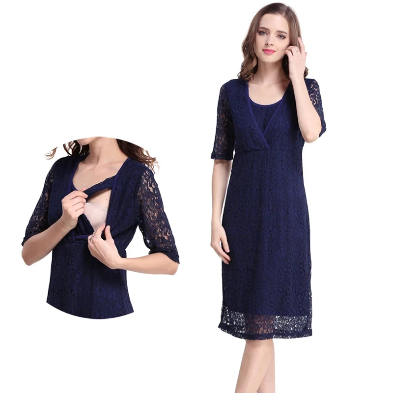 

Pregnant Mom's Dress Summer Lace V-Neck Temperament Mid Length Breastfeeding Skirt Solid Half Sleeve Breathable Nursing Clothes