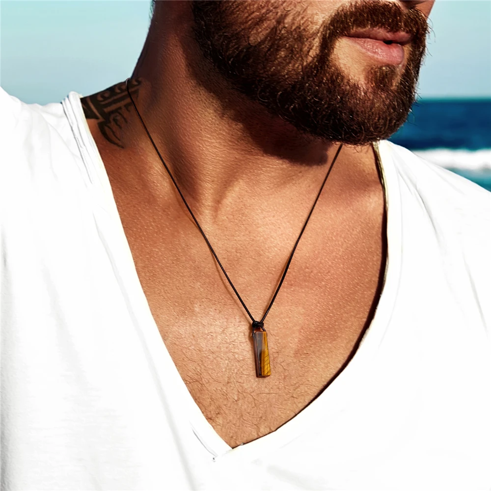 Rectangle Stone Necklace Natural Tiger Eye Lapis Lazuli Crystal Stone Necklace Adjustable Leather Rope Choker Men Jewelry Gift