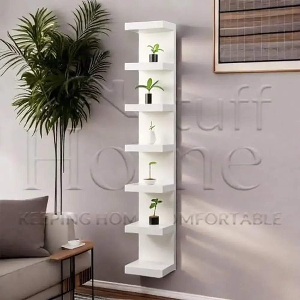 Vertical Wall Mount Shelf Unit Floating 7 Tier Storage Organizer Home Office Decor Engineered Wood Trapezium Shape Modern Design 6
