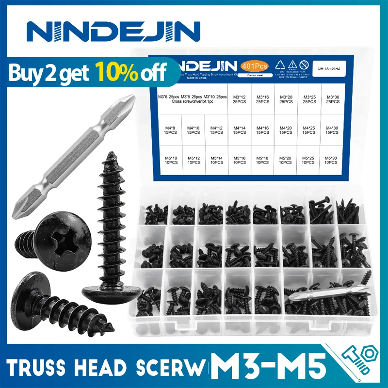 Nindejin 401 Peças Cruz Fardo Cabeça Auto Rosqueamento Parafuso Conjunto Preto Chapeado Cogumelo Cabeça Phillips Parafuso Variedade Kit Carpintaria