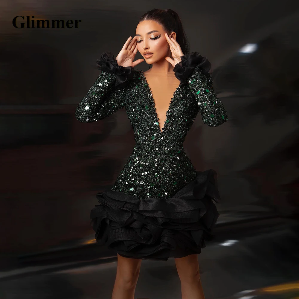 

Glimmer Luxury Full Sleeves Cocktail Dresses Deep V Neck A Line Sequines Beadings Ruffles Pleat Vestidos De Gala Made To Order