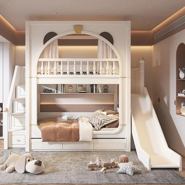 Camas de madeira maciça modernas para crianças, cama branca bonita