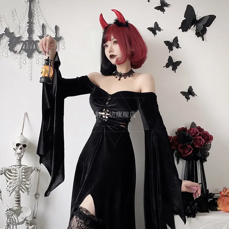 

Halloween Costume for Women Anime Cosplay Black Dress Witch Long Vestidos Vampire Bride Outfit Sexy Disfraz