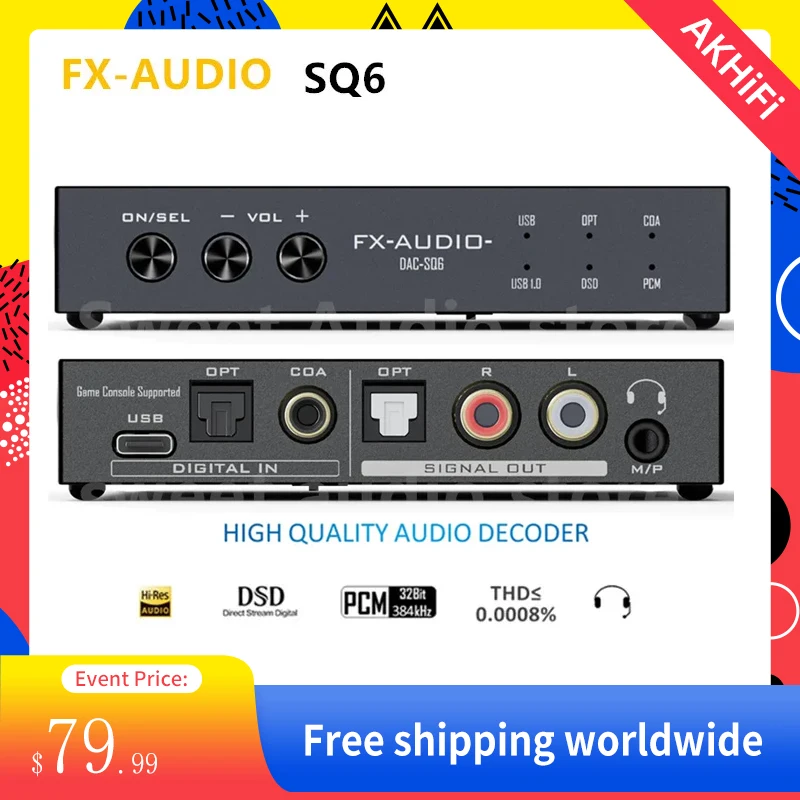 

FX Audio SQ6 DAC HiFi Audio Decoder with DSD256 ES9038Q2M Chip 32Bit/384kHz Support Game Console/ Microphone/ Car Audio