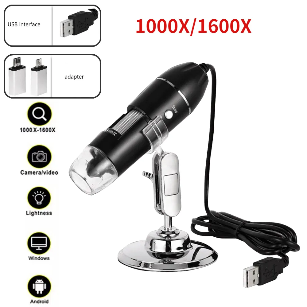  Microscopio USB 1600X, cámara de vídeo portátil 2MP