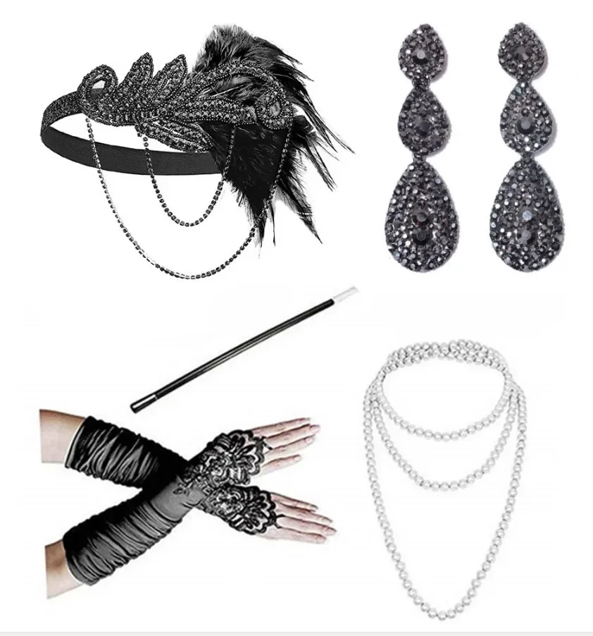 Vrouwen Champagne Pailletten Fringes 1920s Gatsby Jurk Met 20s Accessoires Set