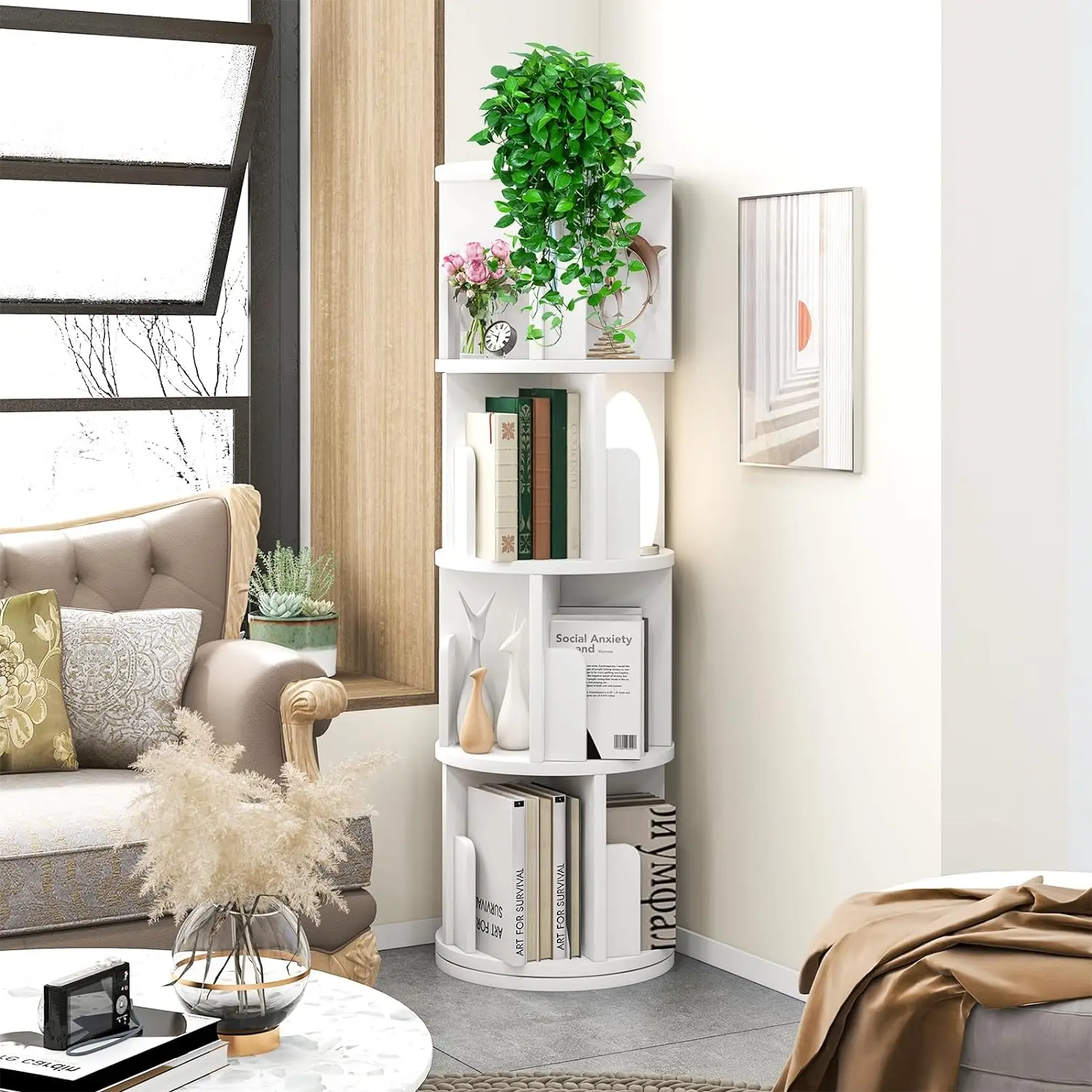 

360° Rotating Bookshelf, Small Corner Bookcase with Small Footprint, Standing Bookcase for Kids&Adults, Wood Bookshelf Designed