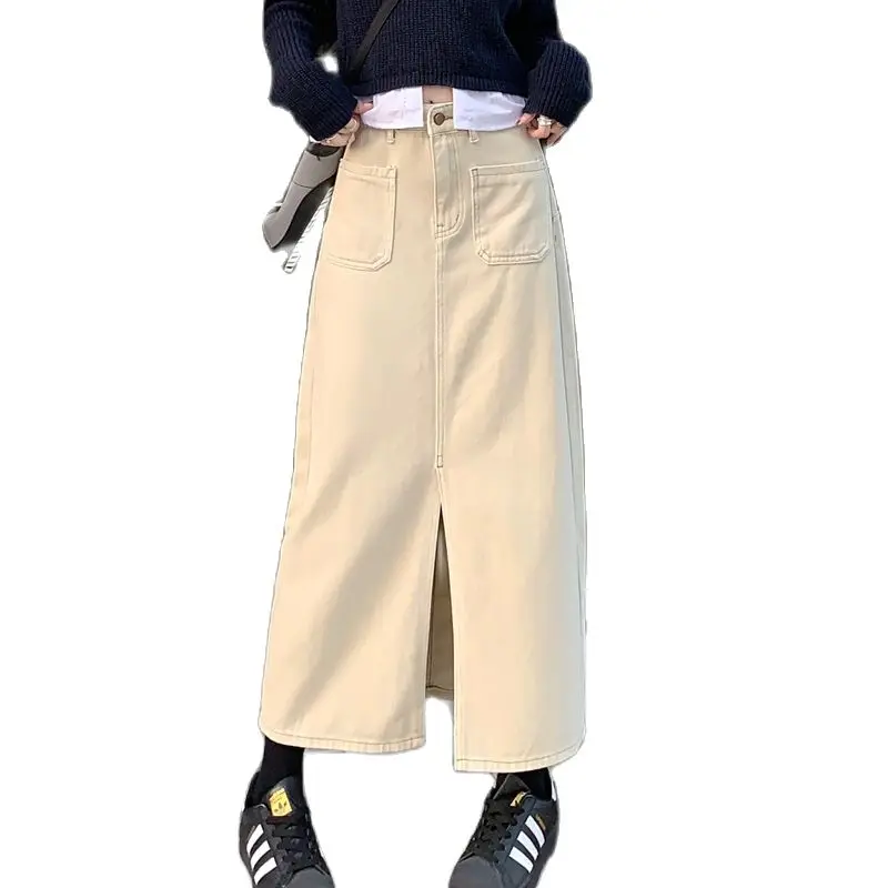 

female denim skirts high-waisted split patch pocket
