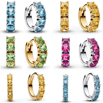 Authentic 925 Sterling Silver Light Blue Huggie Earrings and Pink Hoop Earrings For Girl Best Birthday Jewelry Gift