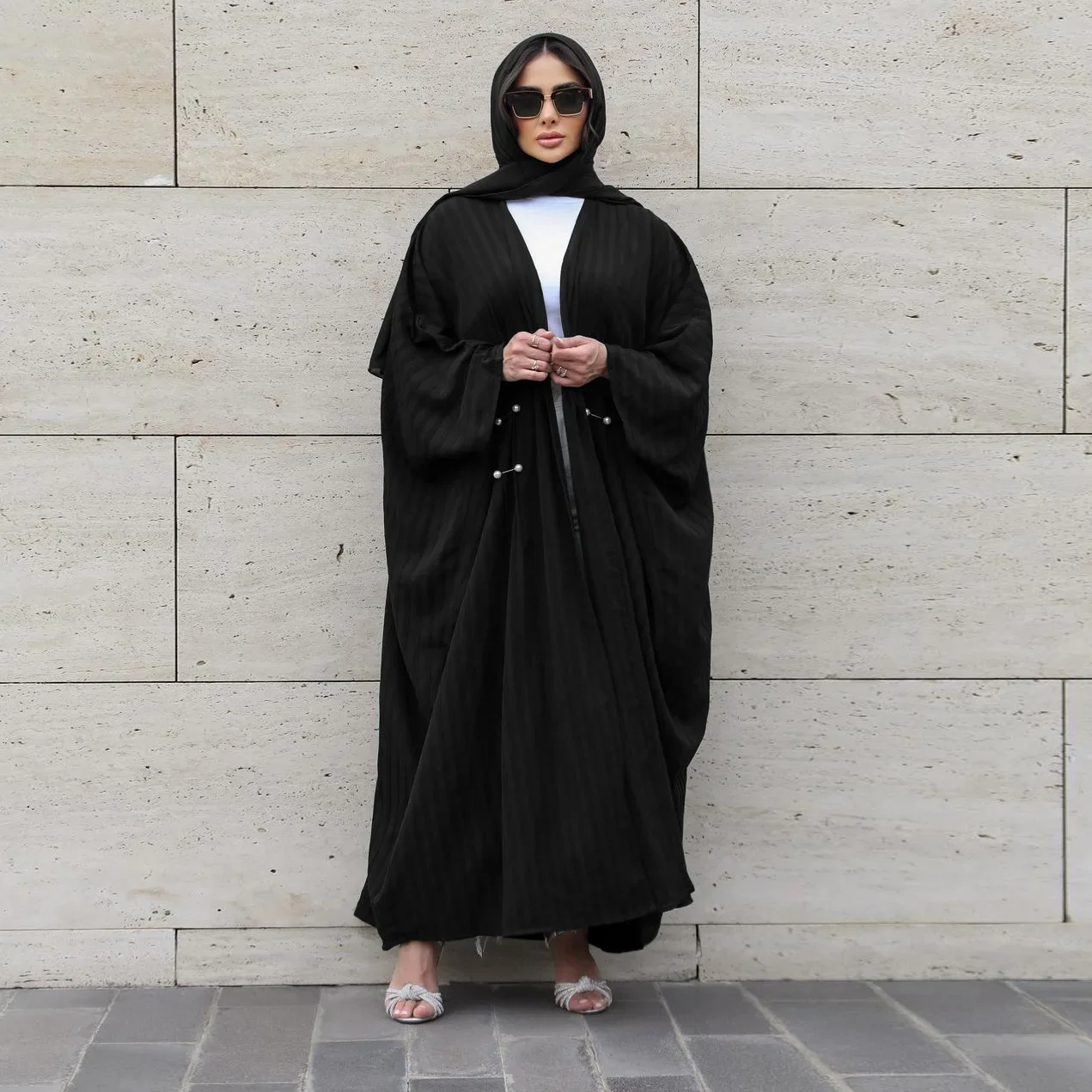 

Cardigan Long Dresses for Women Turkey Stripes Large Size Muslim Abaya V-neck Solid Flared Sleeve Kaftan Abayas for Women Dubai