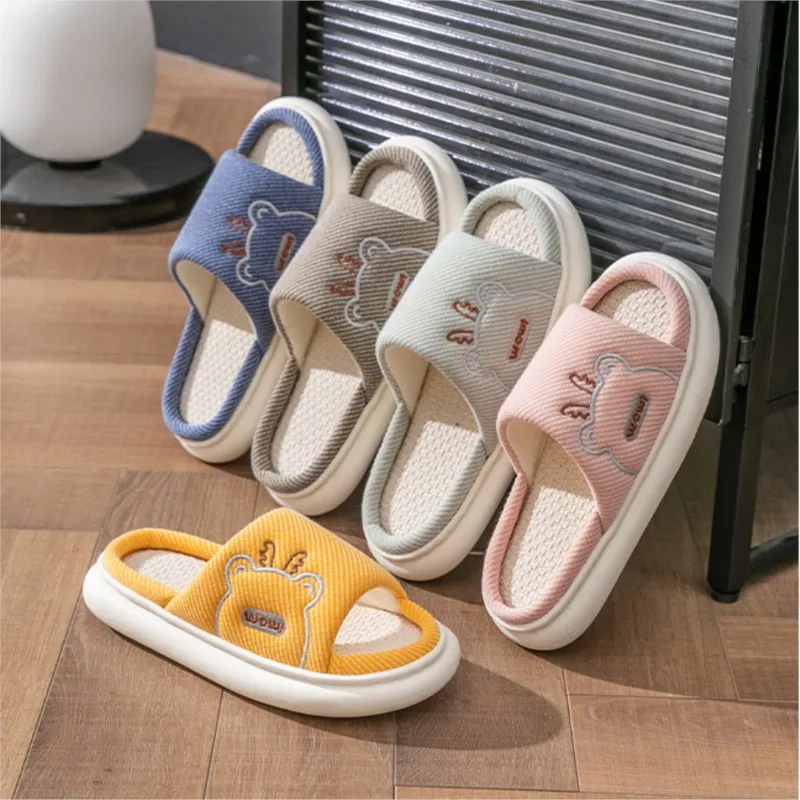 Hot Sale Women Linen Slippers Four Seasons Women Indoor Sandals Adults Cartoon Slides Couples Cute Breathable Home Shoes TG18 3