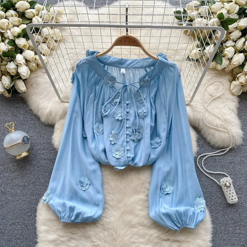 

V Neck Loose Casual Lantern Sleeve Blusas Stereo Flower Design Sense Single-breasted Blouses Vintage Sweet Gentle Korean Shirt