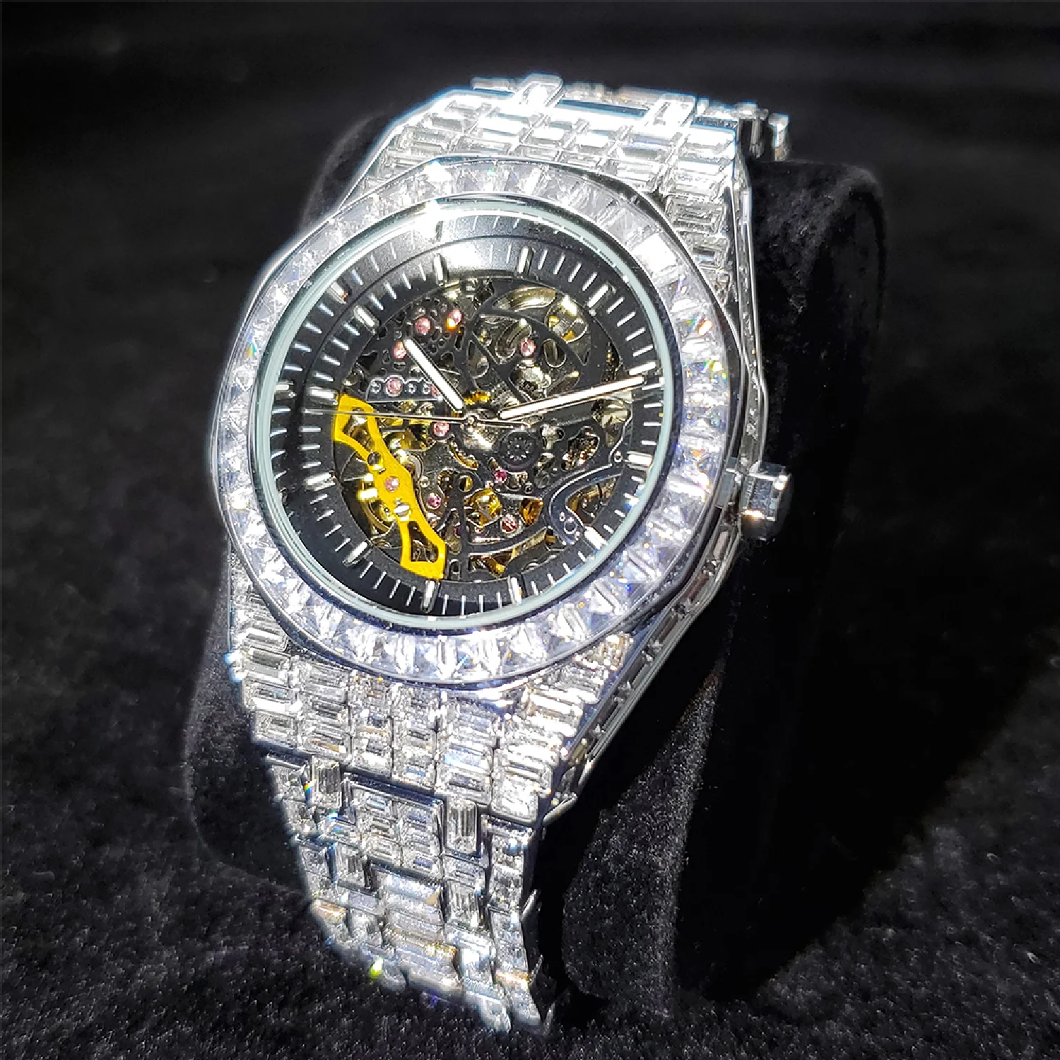 

Hiphop New Men's Mechanical Automatic Watch Stainless Steel Hollow Iced Out Watches Waterproof Imitation Watch Male Jewelry