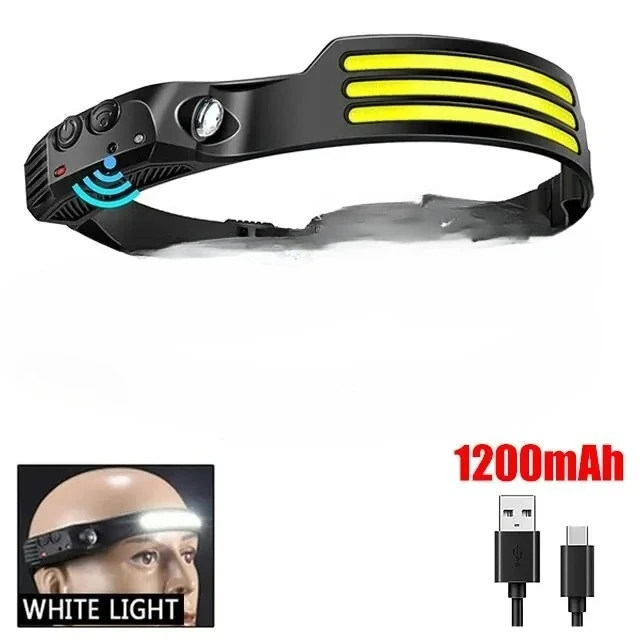 Lampe frontale LED COB rechargeable avec détecteur de mouvement pour activités de plein air, camping, pêche