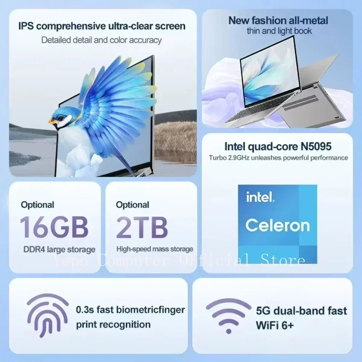 Laptop notebook laptop Intel N5095 Windows 11 Pro 16 inch 2K HD screen 16G RAM 2TB SSD DDR4 WIFI5 Business Office Lightweight Computer