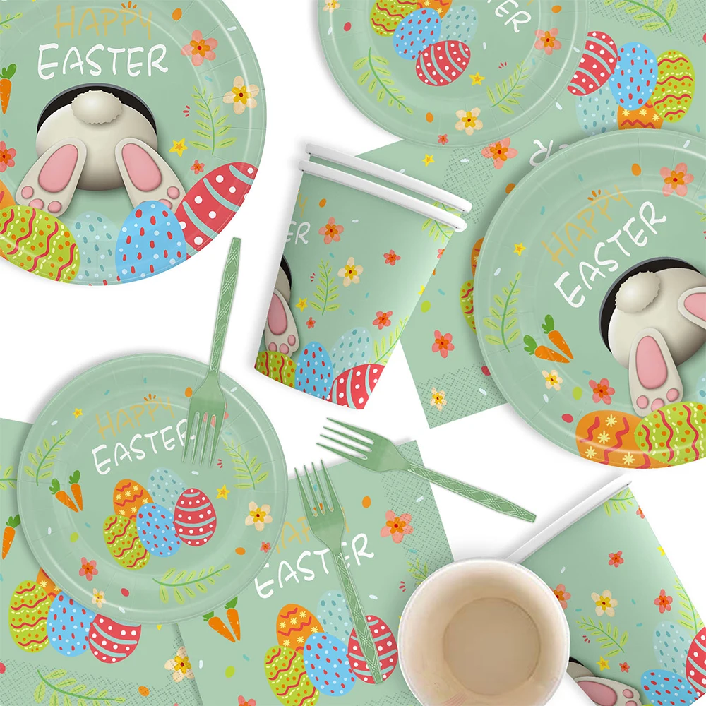 Ostern Party Dekoration Geschirr Set Niedlichen Kaninchen Eier Drucken Grüne Pappteller Tassen Servietten Frohe Ostern Party Dekore Liefert – Detail 7