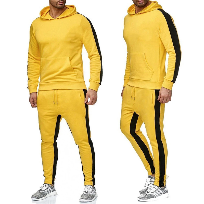 New men's casual stripe solid color sweater Hoodie pants fashion suit pants+top men's suit