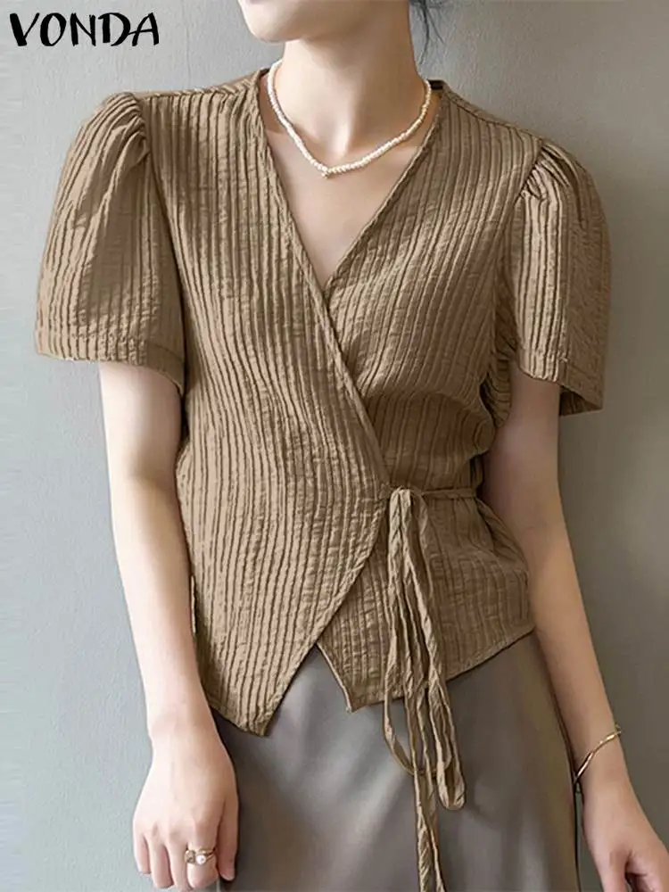 

VONDA Fashion Short Sleeve Shirts Women Sexy V-neck Bandage Casual Blouse 2023 Elegant Loose Solid Color Tunic Tops Blusas Femme