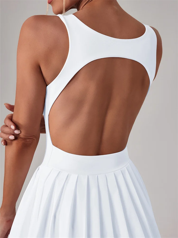 Naked One Piece Tennis Dress with Shorts&Chest Pads Golf Dresses Hollow Out Backless Sleeveless Workout Tight Running Yoga Skirt