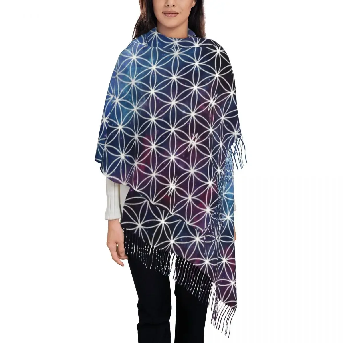 

Cosmic Flower Of Life Tassel Scarf Women Soft Geometric Mandala Shawls Wraps Lady Winter Fall Scarves