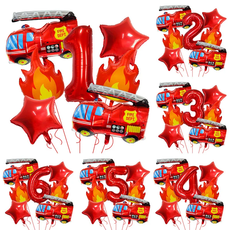 7-teiliges Feuerwehrauto-Themen Flammen-Zahlen-Folienballons-Set Kindergeburtstag Dekorationen Babyparty Ballonbogen-Kit