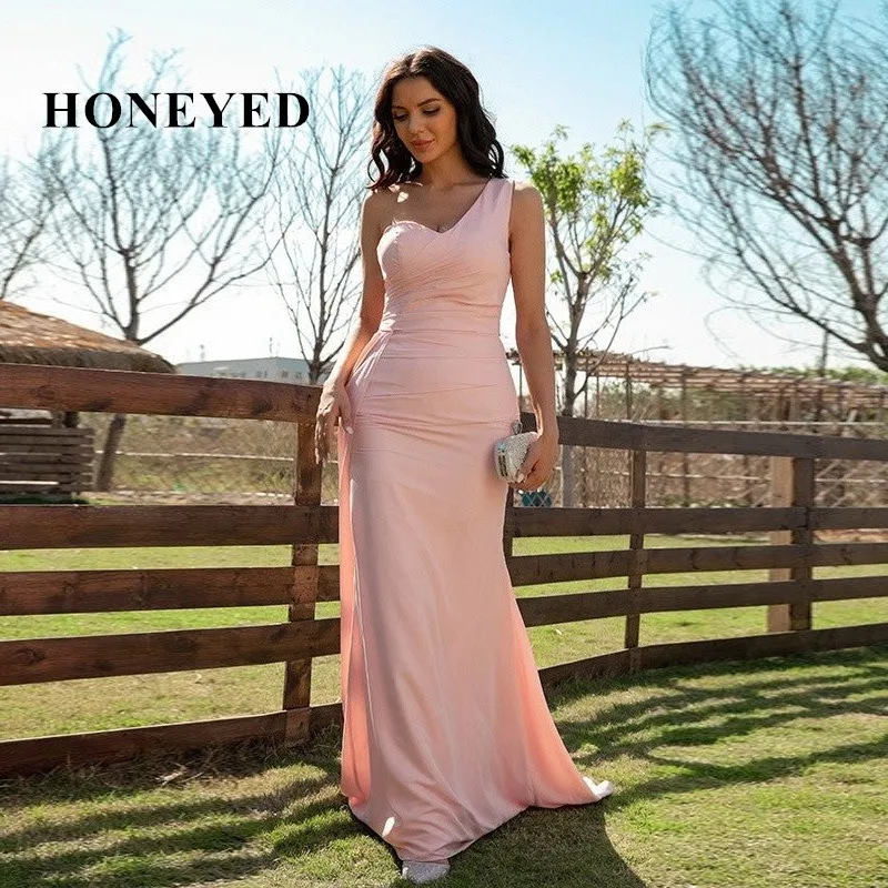 

Honeyed Pink One-Shoulder Pleat Ribbons Sleeveless Mermaid Trumpet Woman Formal Evening Prom Dresses Wedding Guests2023