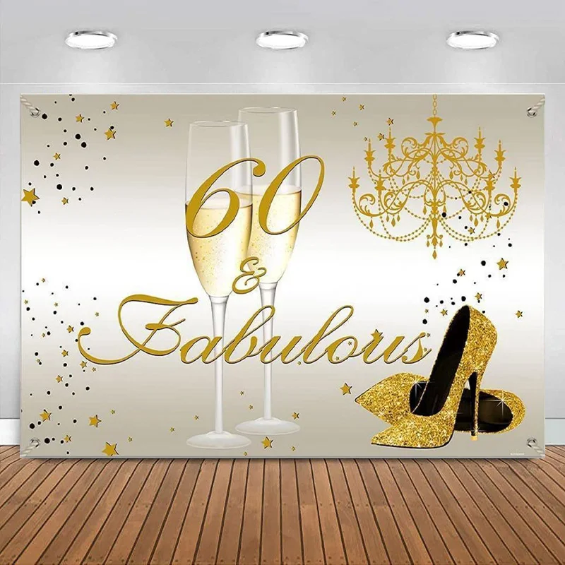 

Gold and White Backdrop Happy 60th Birthday Party Decoration High Heel Champagne Photography Background Photo Studio Prop Banner