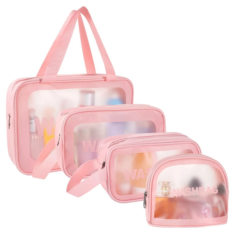 

4Pieces Pink Toiletry Bags For Traveling Women, Clear Travel Bags For Toiletries Portable Waterproof Makeup Cosmetic Bag